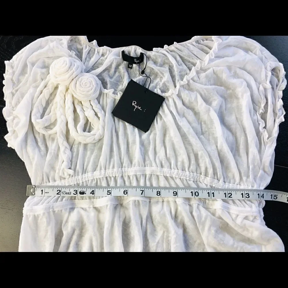 NWT Ryu Sheer White Rosette Off Shoulder Ruched Tunic Top Size M - Picture 8 of 9